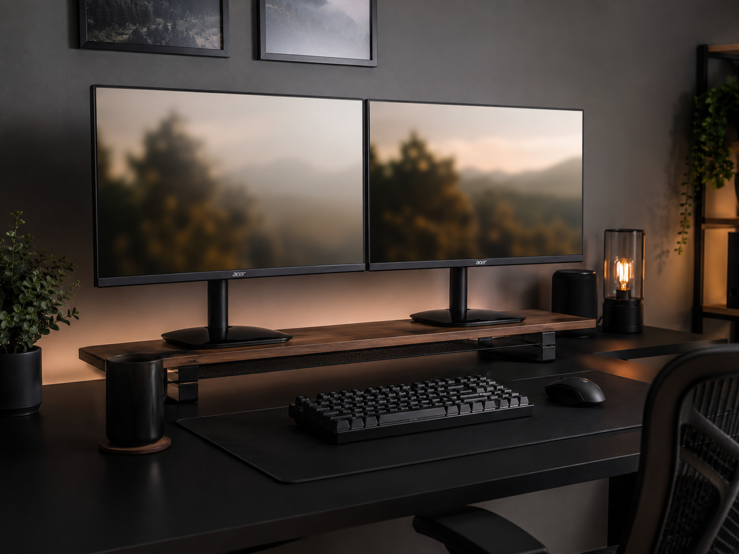 Two matching gaming monitors side by side at aligned height forming a deliberate dual setup