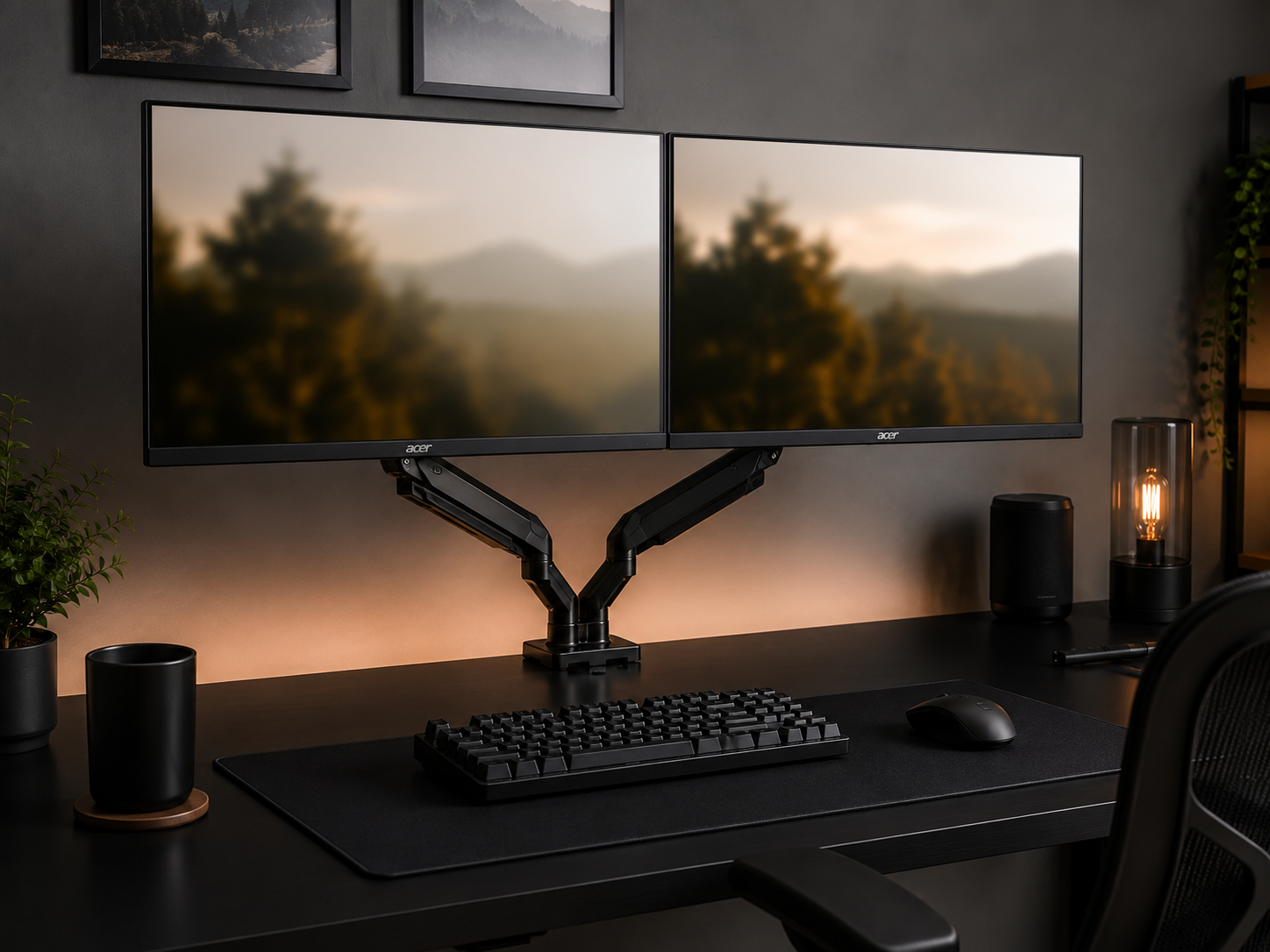 A dual monitor arm floating two matched screens above a clear desk surface