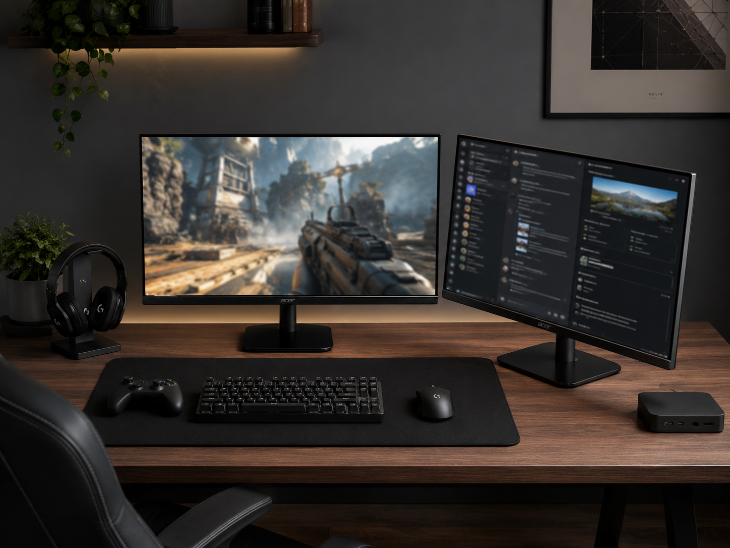 A centered primary gaming monitor with a secondary monitor angled inward toward the chair