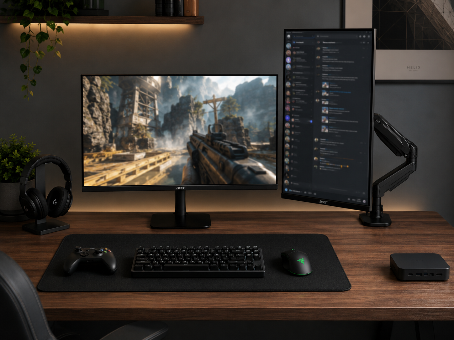 A landscape main monitor beside a second monitor rotated into vertical portrait orientation for chat and content