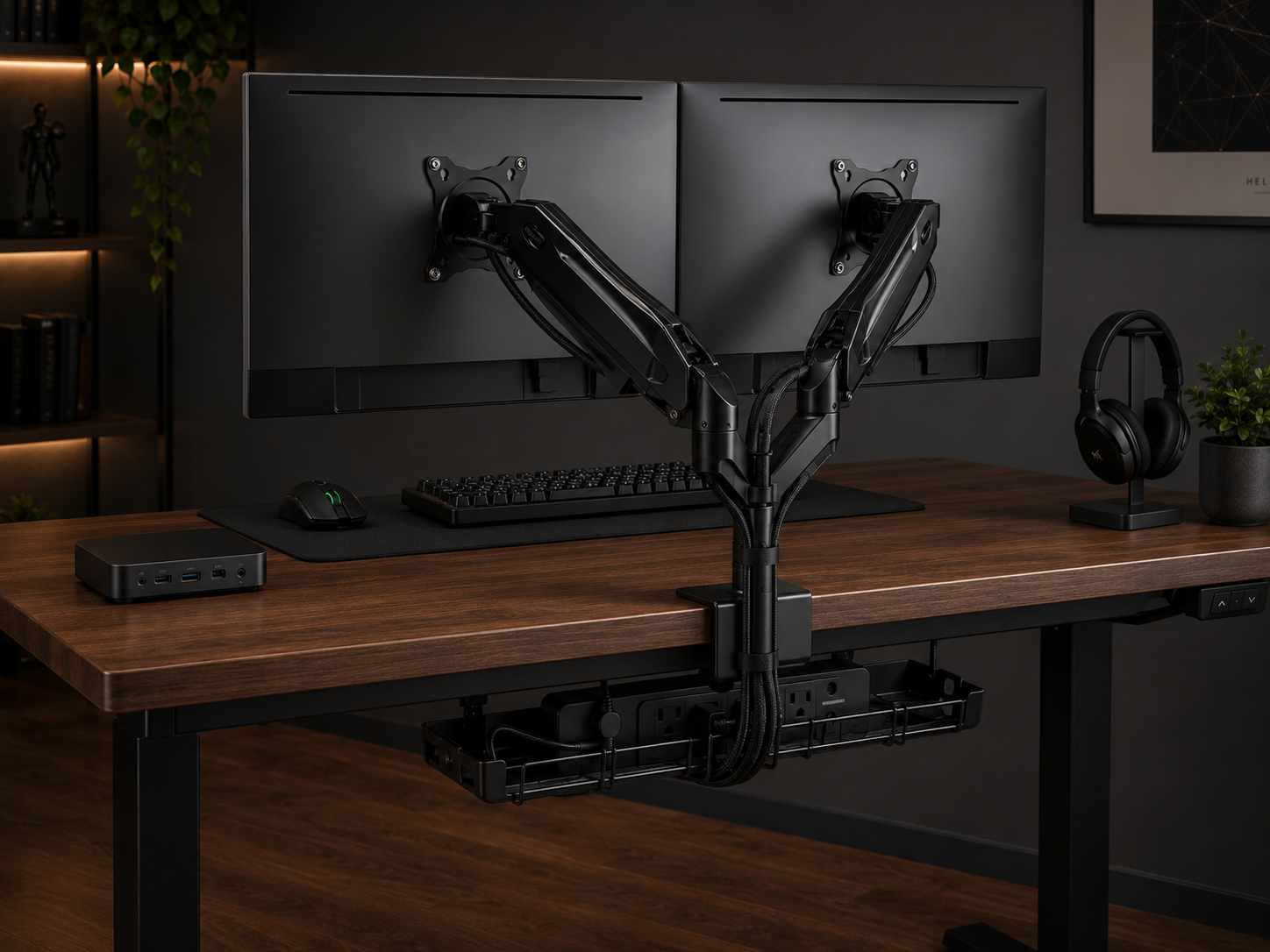 Clean cable routing for two monitors with cables run down the dual arm pole and hidden under the desk