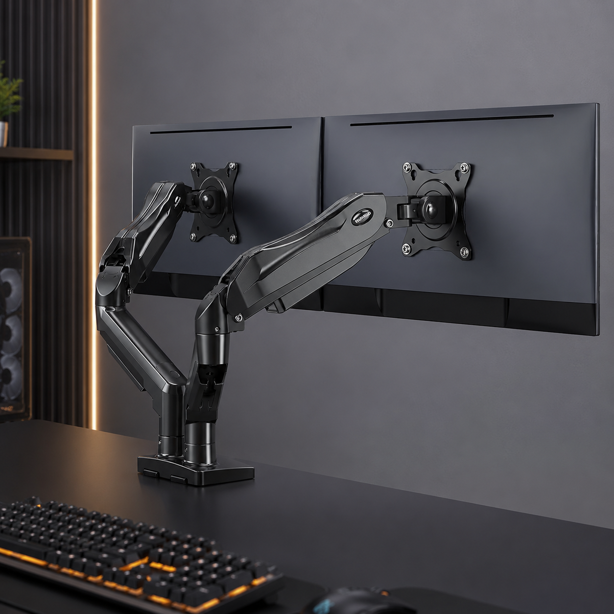 HUANUO FlowLift dual monitor stand holding two screens above a clear desk