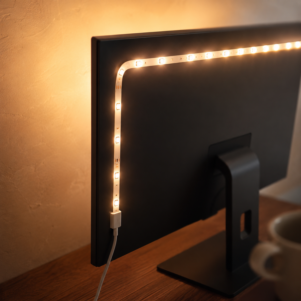 Govee Smart LED Strip Light mounted behind a monitor casting a warm amber bias glow onto the wall