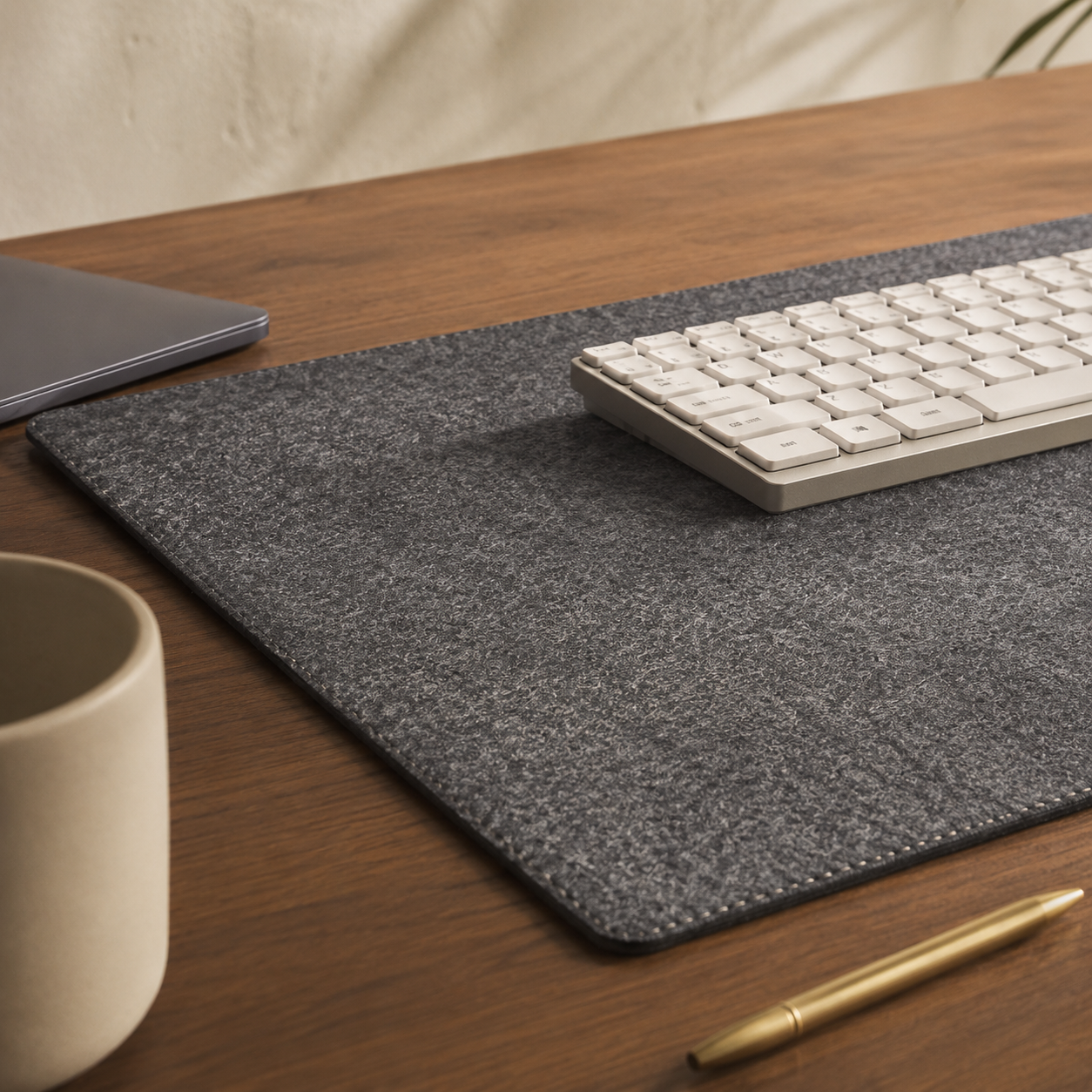 Grovemade wool felt desk pad in warm gray with visible stitched edges and woven texture on a walnut desk