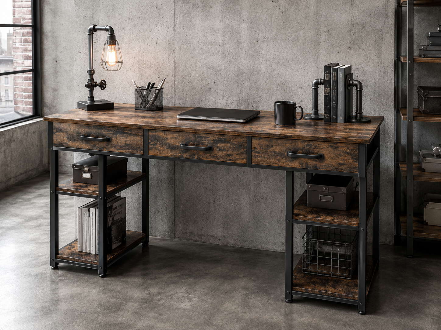 An industrial desk with a blackened steel pipe frame, reclaimed wood top, and exposed bolts against a concrete wall