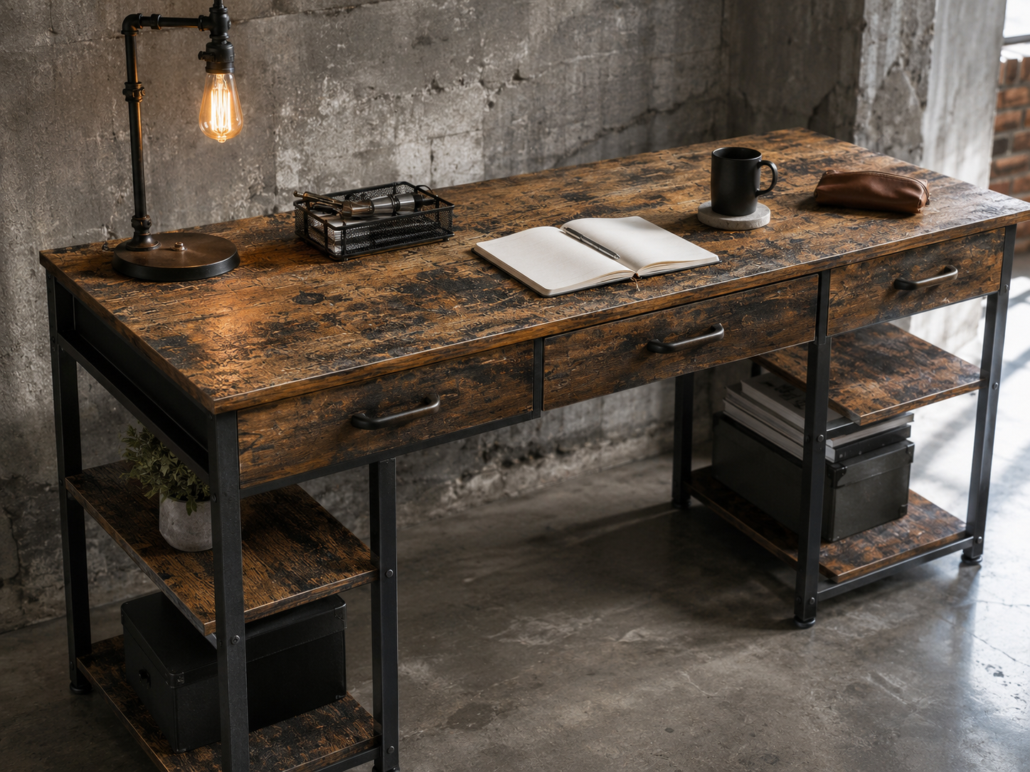 A reclaimed wood desk top with visible grain, saw marks, and knots set on a blackened steel industrial frame
