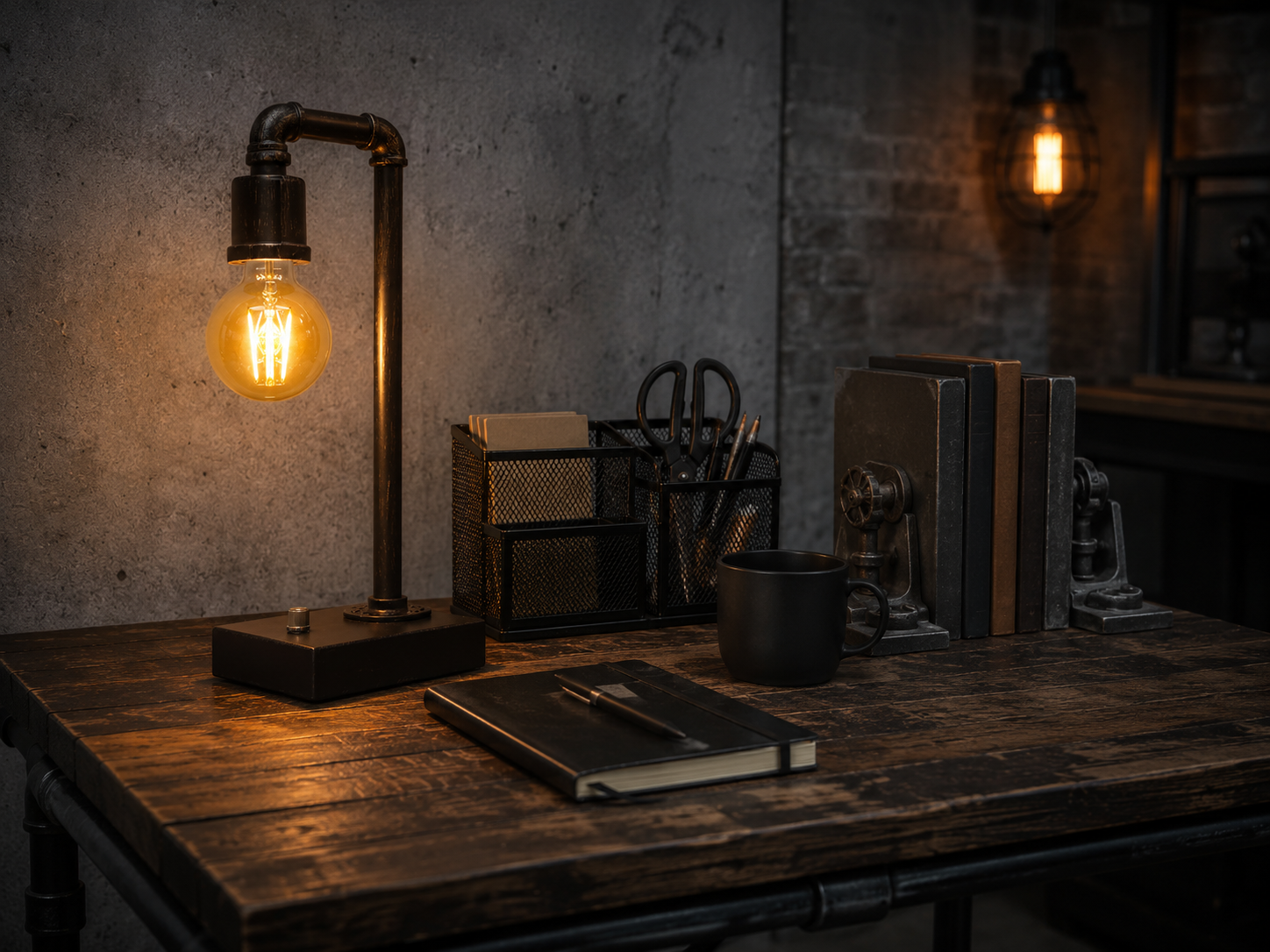 An industrial desk lit by an exposed Edison filament lamp glowing warm amber against cool concrete surroundings
