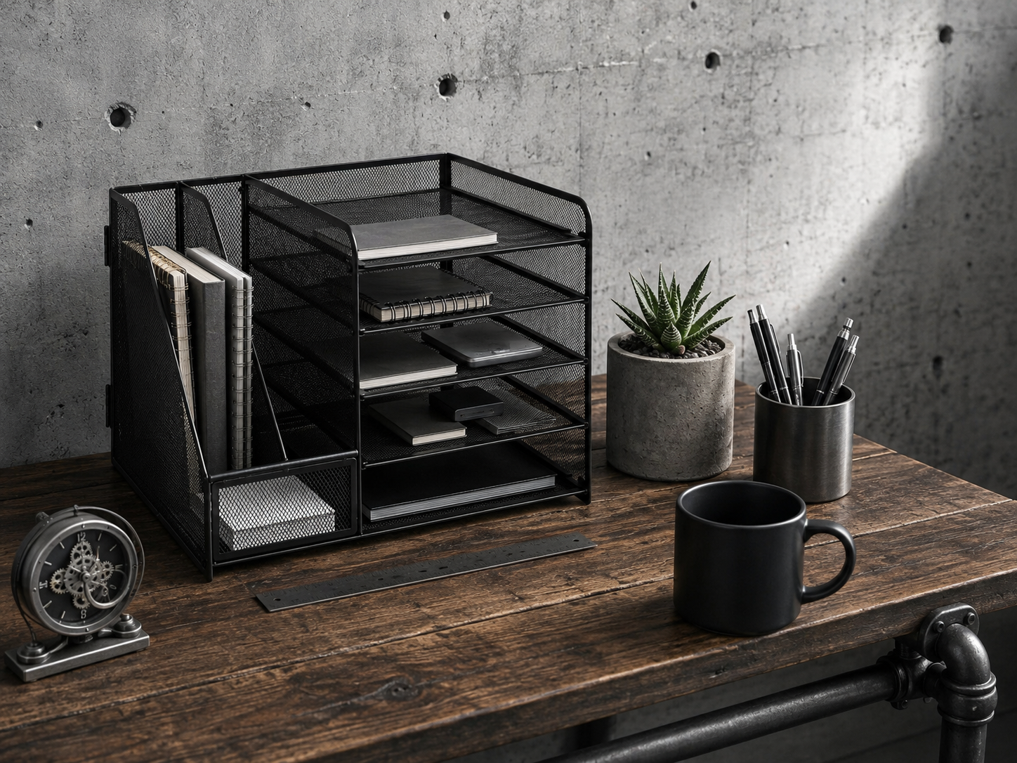 An industrial desk featuring concrete accessories, metal mesh organizer, and gunmetal materials with a single architectural succulent