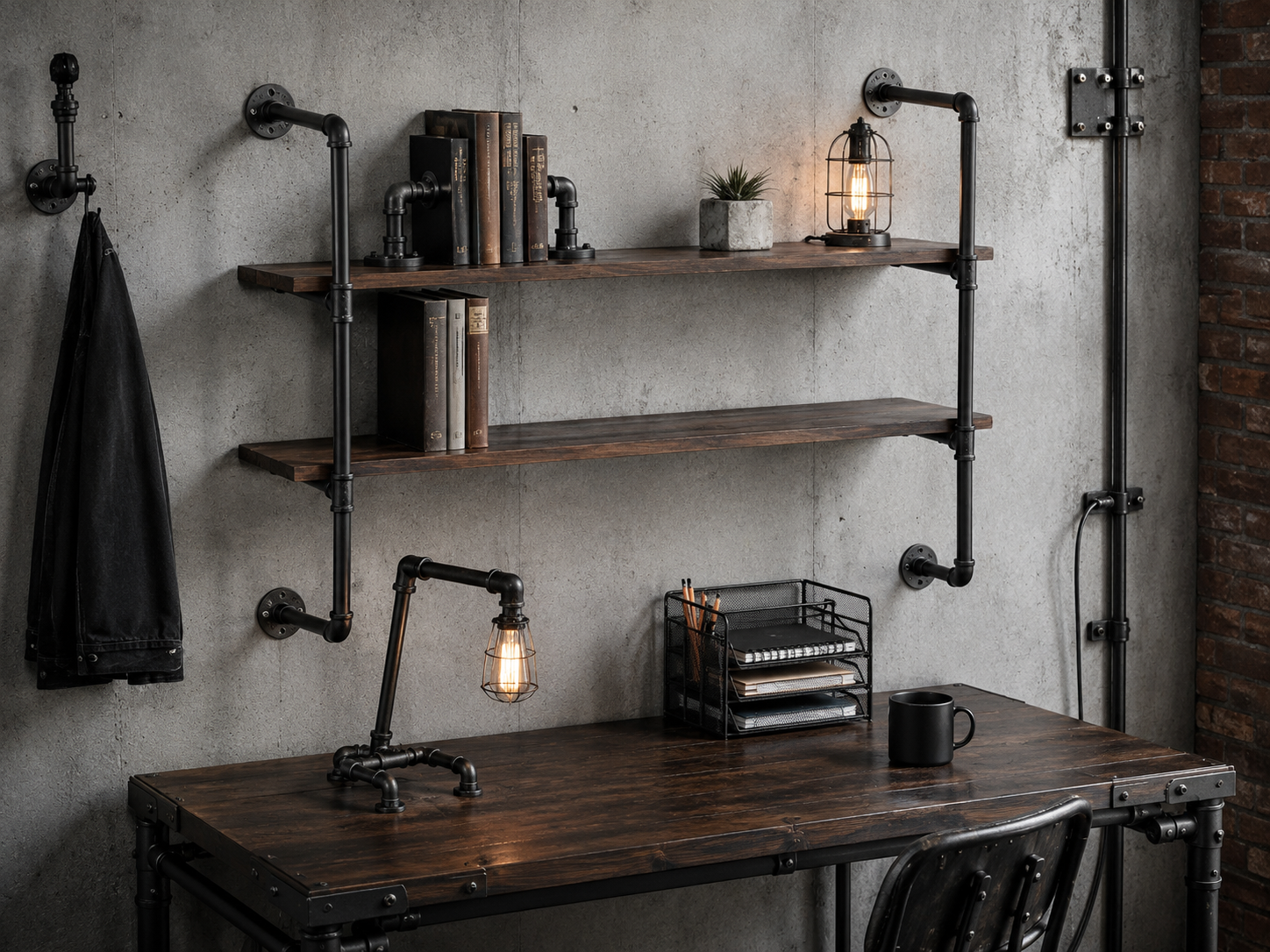 An industrial workspace with black iron pipe wall shelves, exposed bolts, flanges, and visible hardware details