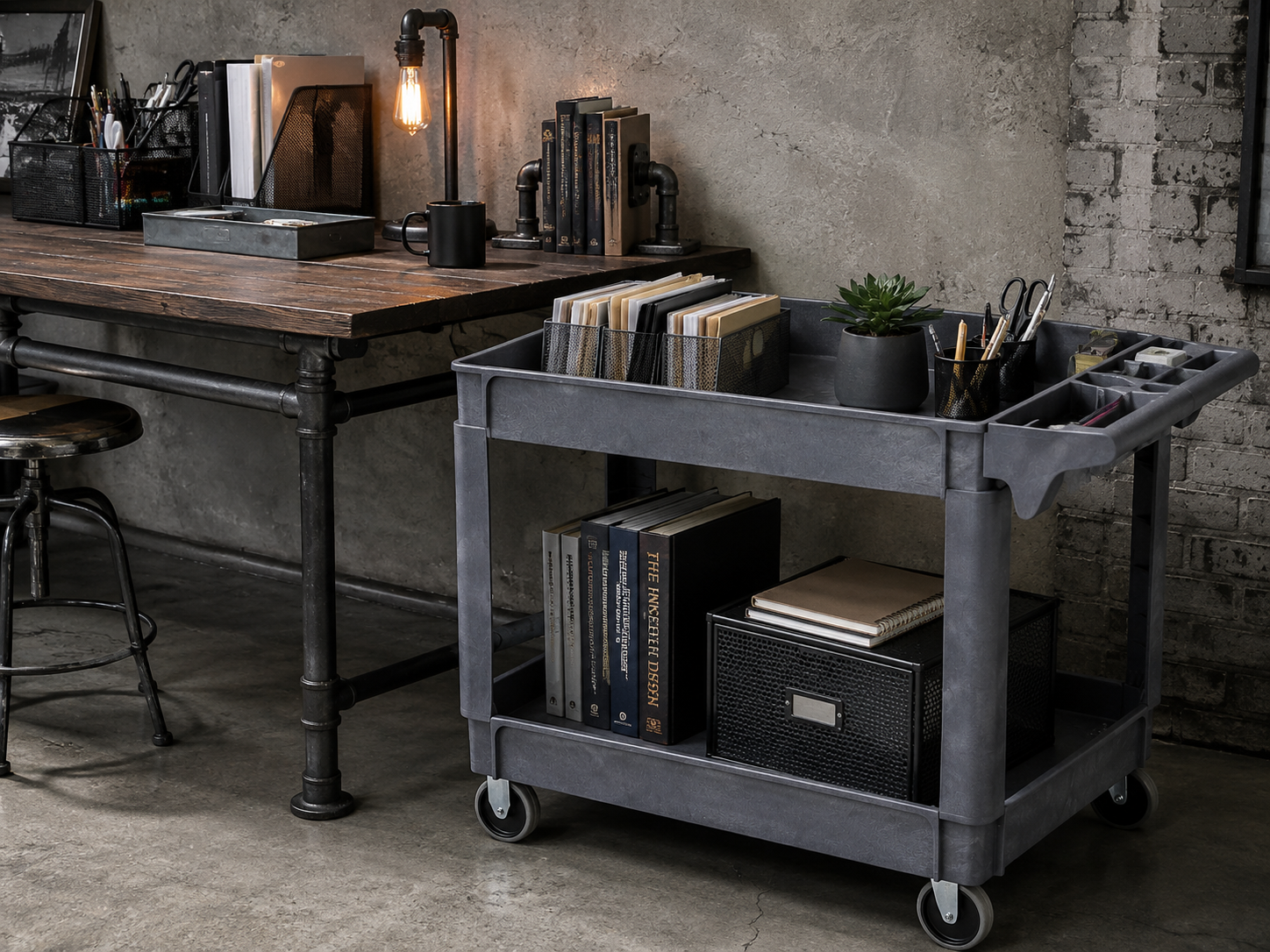An industrial desk with a metal rolling cart, mesh organizers, and metal file holders providing utilitarian storage