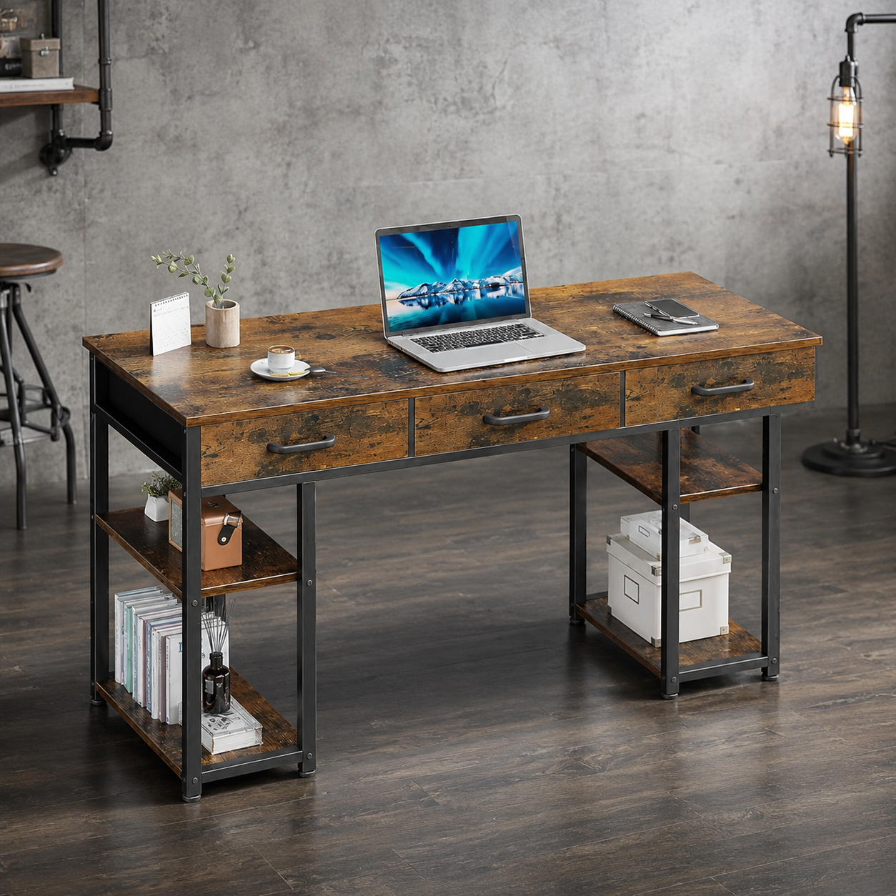 ODK small computer desk with industrial steel frame and dark wood-grain top in a compact workspace