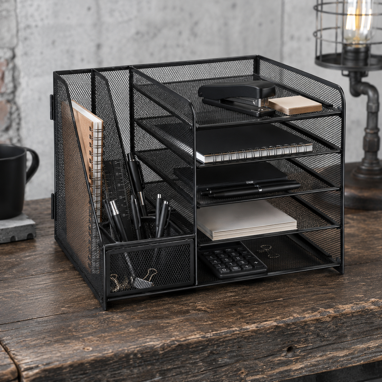 Marbrasse black metal mesh desk organizer with file holder and compartments holding supplies