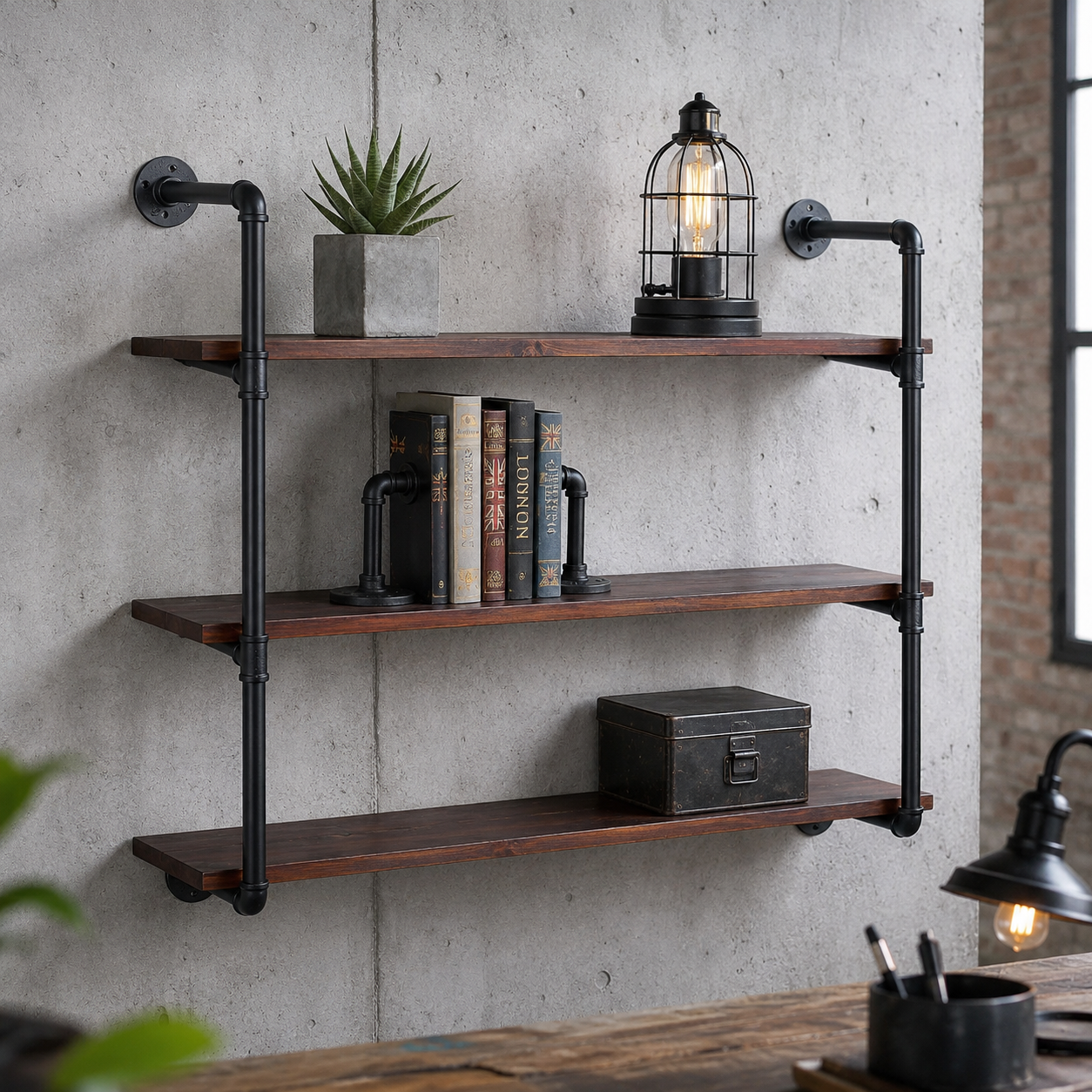Industrial pipe shelves with dark wood planks and black iron pipe brackets mounted on a wall