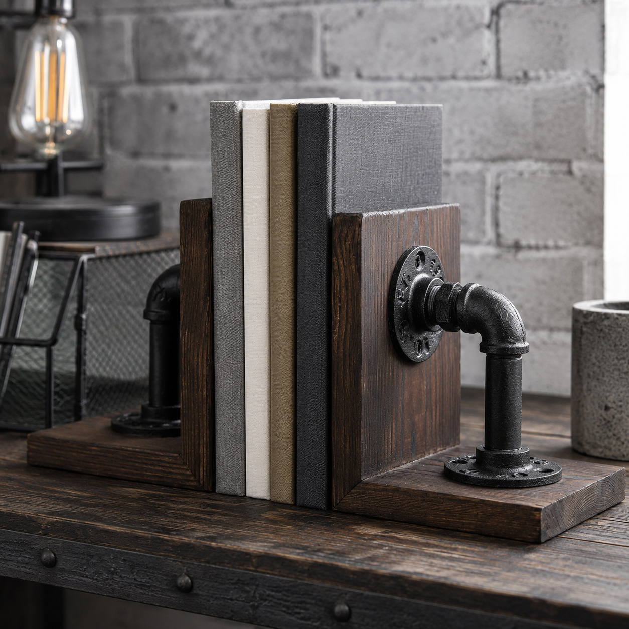 MyGift industrial rustic bookends in brown wood and black metal holding books upright on a shelf
