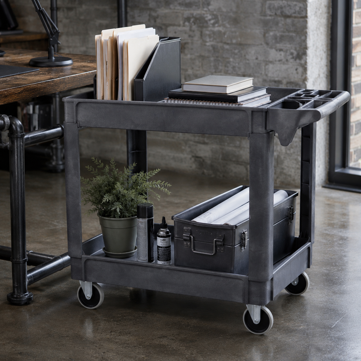 WEN extra-wide metal service utility cart with casters and multiple tiers beside an industrial desk