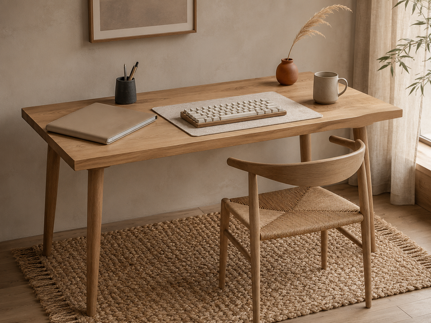A Japandi desk with a unified earthy palette of oatmeal, mushroom, and terracotta tones, featuring a wool felt deskmat on light oak and a natural jute rug visible underfoot