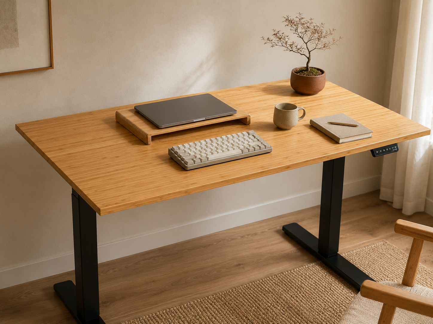 A Japandi desk setup featuring a bamboo top standing desk with visible wood grain, a closed laptop on a bamboo monitor riser, and a small bonsai in a terracotta planter against a warm oatmeal plaster wall