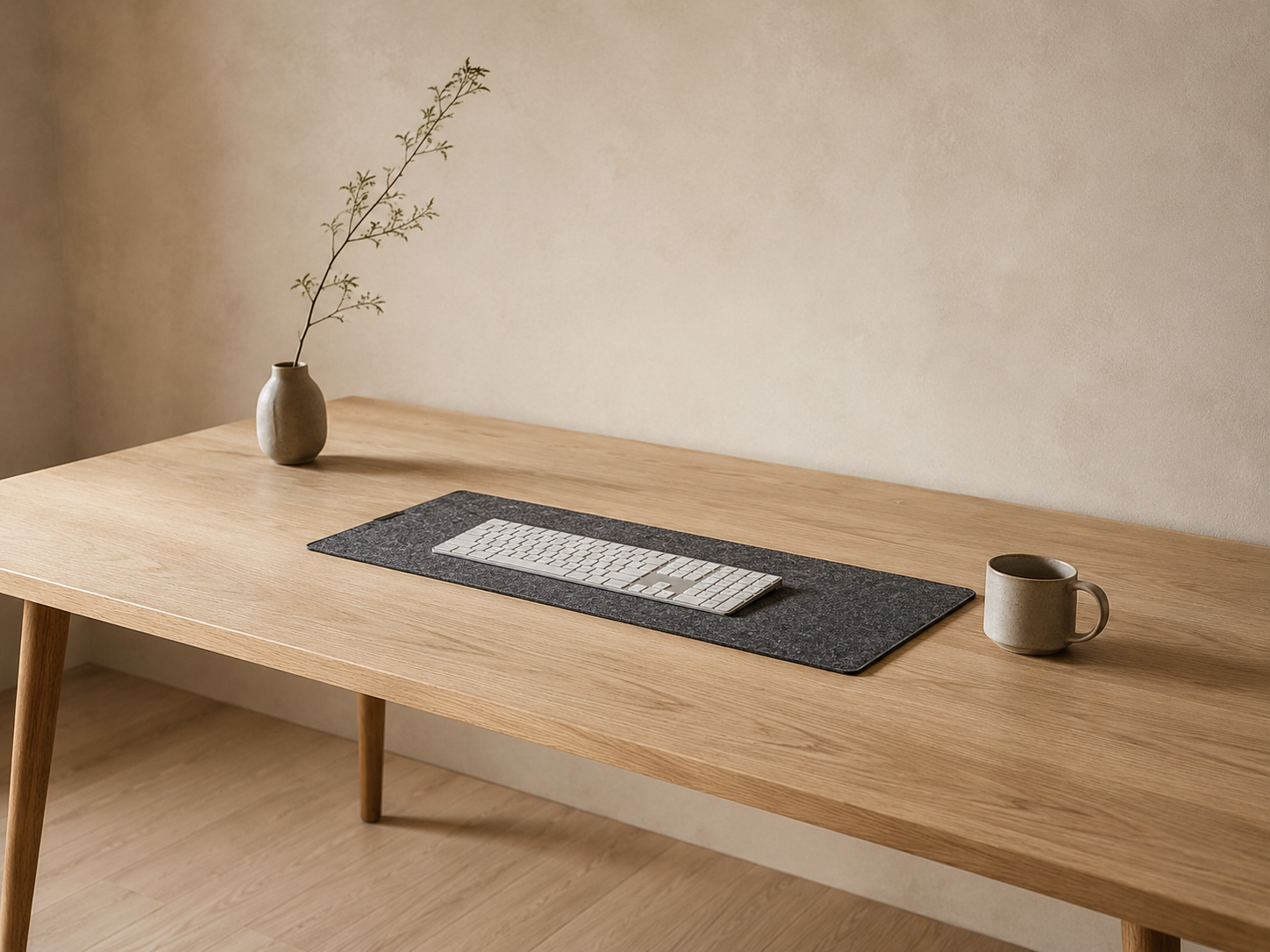 A Japandi desk demonstrating the principle of Ma with at least half the wood surface visibly empty, featuring only a wool felt deskmat, keyboard, ceramic mug, and a single dried branch