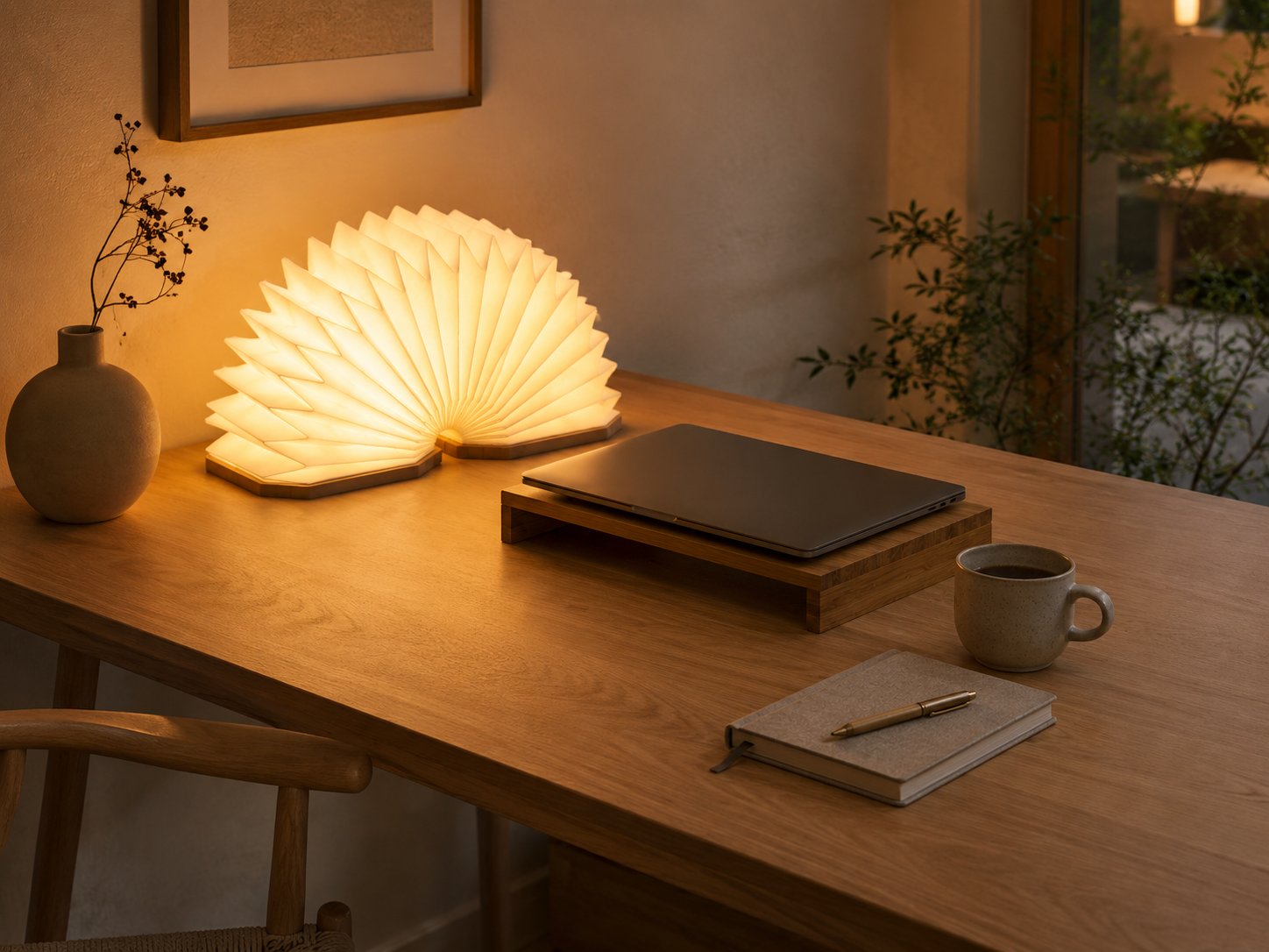 A Japandi desk at evening with a glowing rice-paper table lamp casting warm diffused light onto the surface, with a closed laptop and handmade ceramic mug nearby