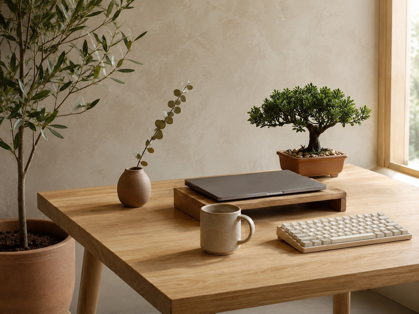 A Japandi desk with a small bonsai in an unglazed terracotta pot, a tall olive tree visible nearby, and a dried eucalyptus branch in a ceramic vessel on the desk