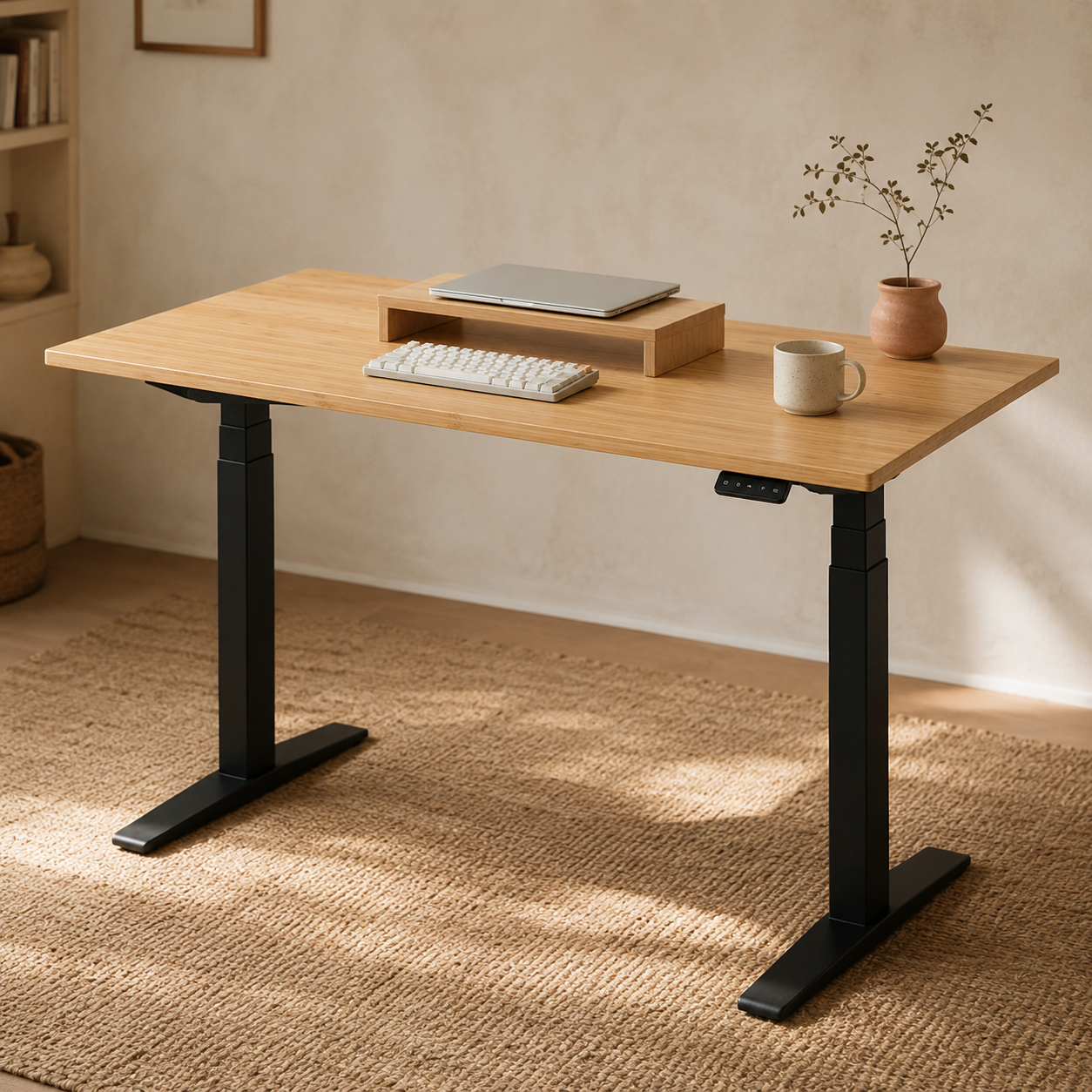 Flexispot E7 Pro standing desk with solid bamboo top and matte black motorized base in a Japandi home office setup