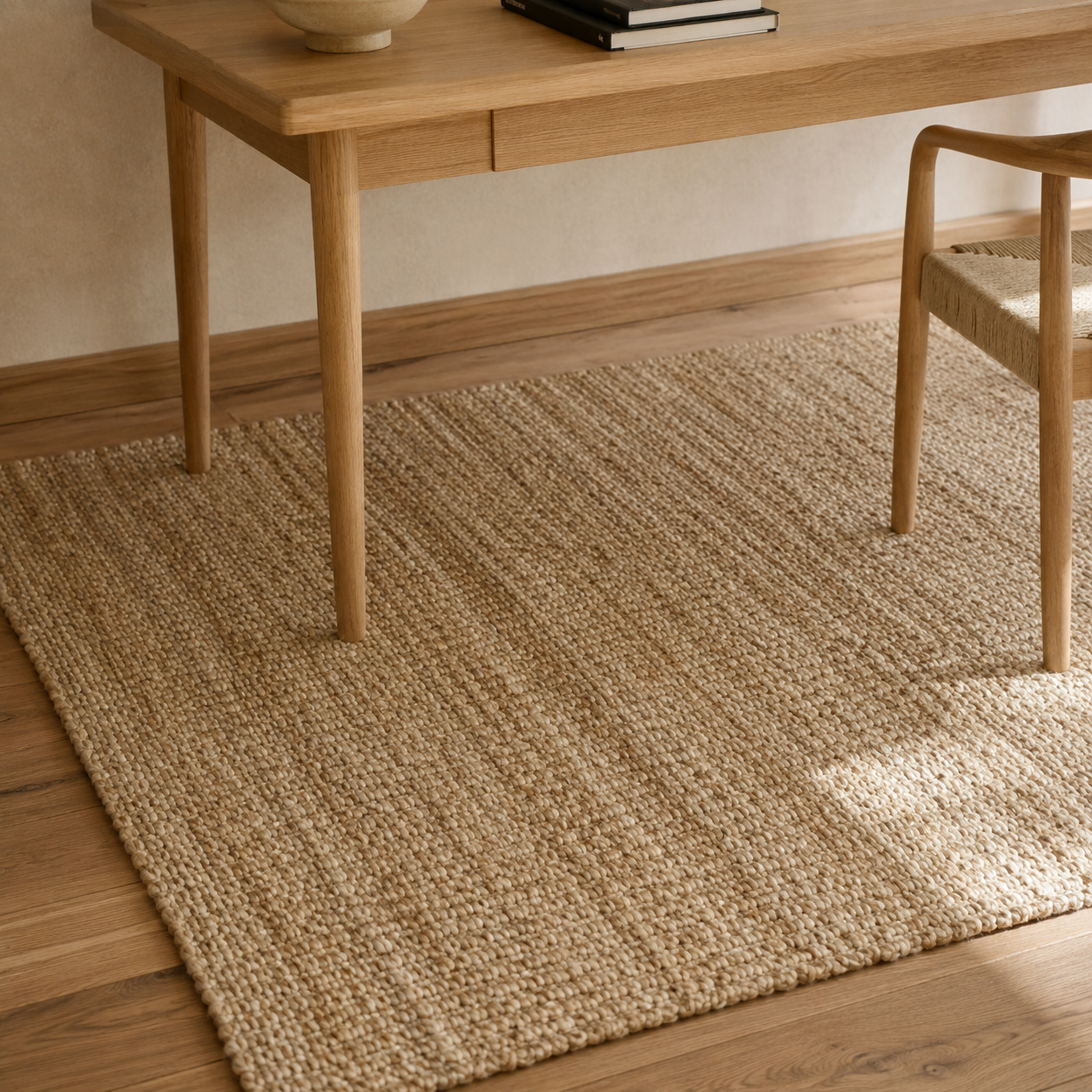 Safavieh natural fiber jute area rug with visible woven texture on a hardwood floor beneath a light oak desk