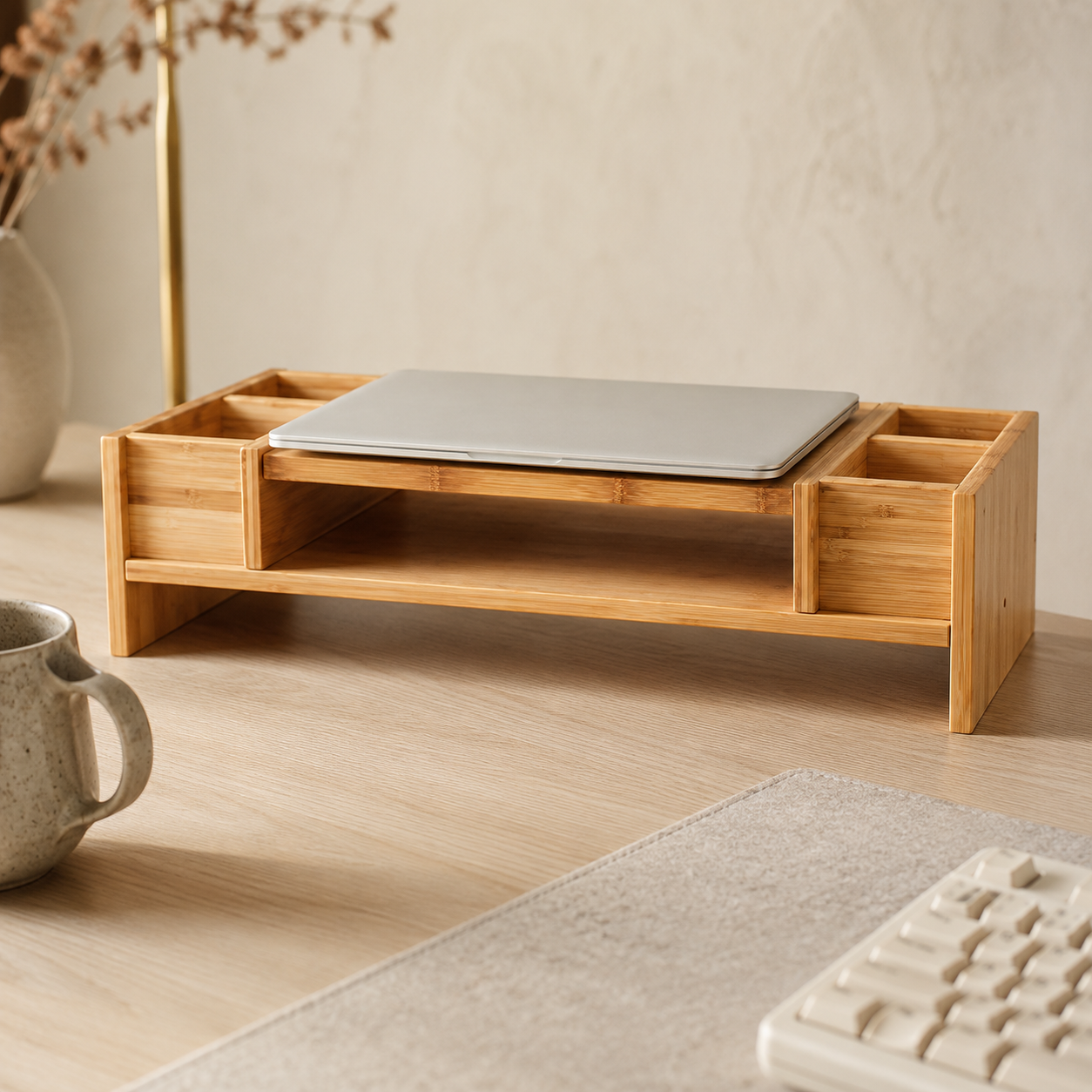 Songmics bamboo monitor stand riser with visible bamboo grain on a light oak desk with storage compartment beneath