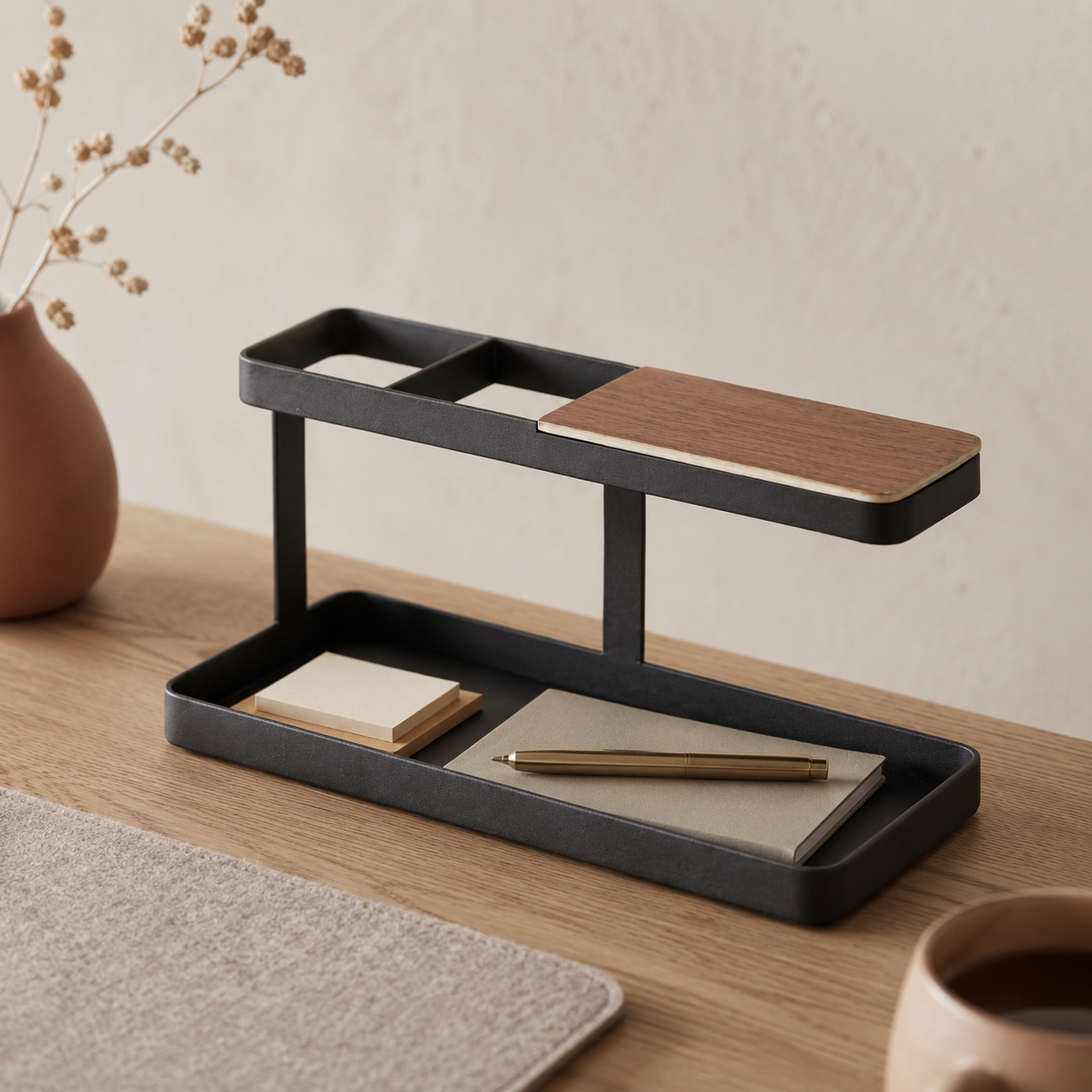 Yamazaki Tower desk organizer in matte finish on a light oak desk holding sticky notes, a slim notebook, and a brass pen