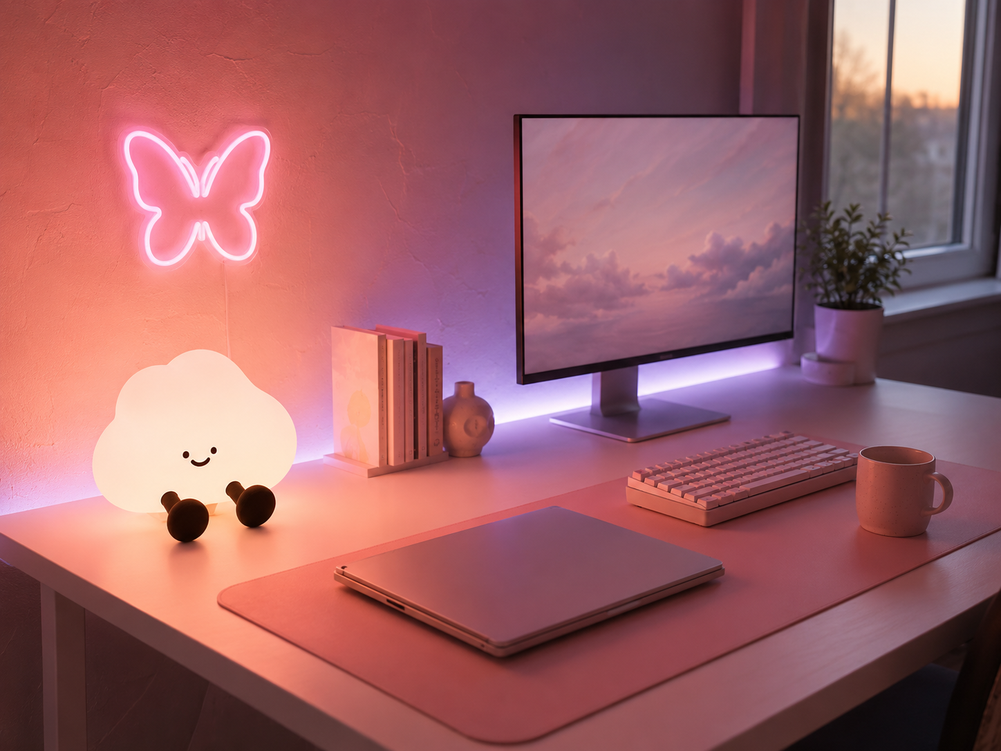 A kawaii desk at evening with layered pastel lighting including a glowing cloud lamp, LED strip behind the monitor, and butterfly neon sign on the wall