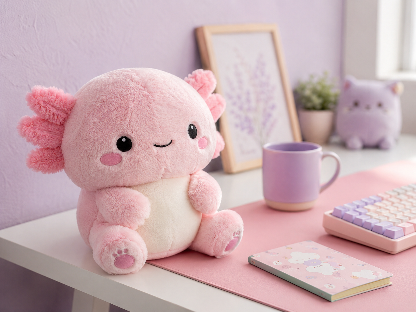 A kawaii desk featuring a deliberate plush companion as the visual anchor with curated pastel accessories around it