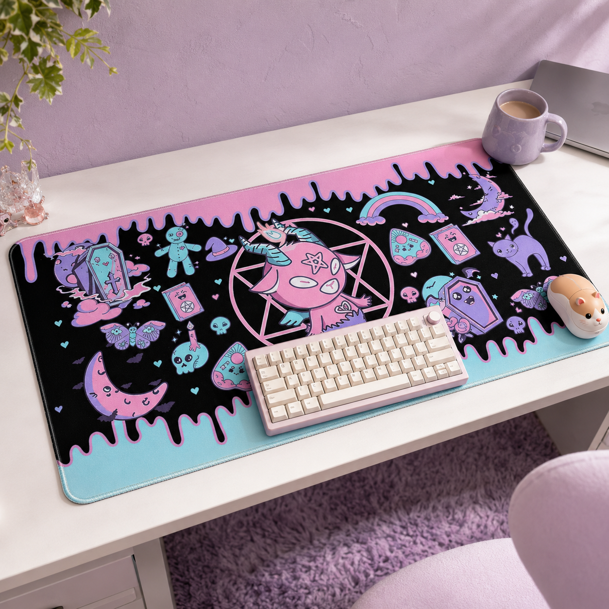 Cute pastel goth XXL desk mat with kawaii skull, ghost, and moon motifs in pastel pink and lavender tones on a kawaii desk