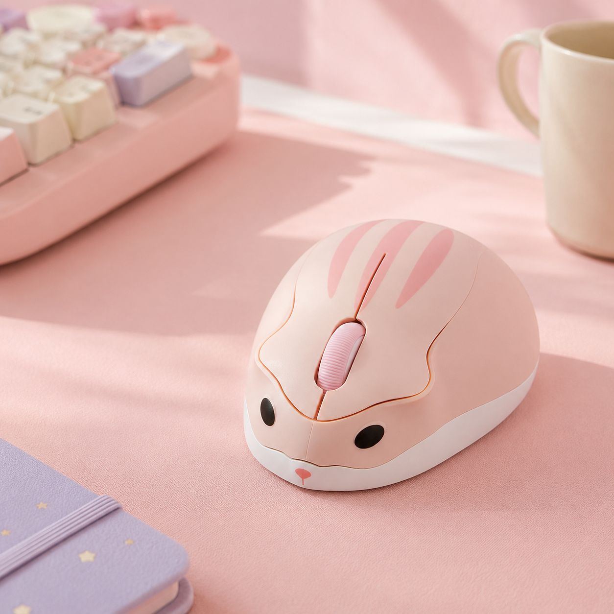 Pink hamster-shaped wireless mouse with cute embroidered face on a pastel pink desk mat next to a mechanical keyboard
