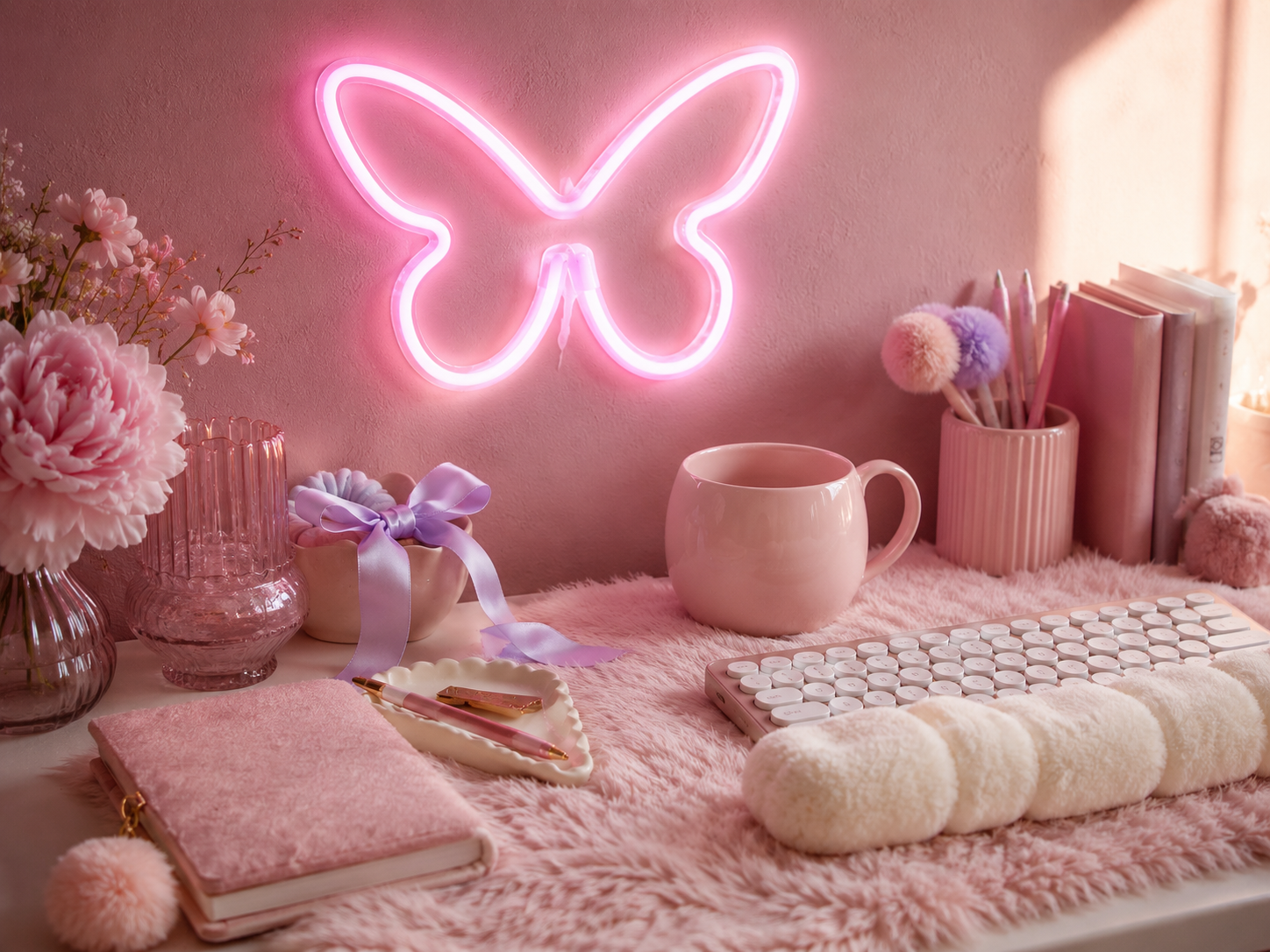 A kawaii desk with layered soft textures including a faux fur deskmat, fluffy elements, and a butterfly neon sign on the wall above