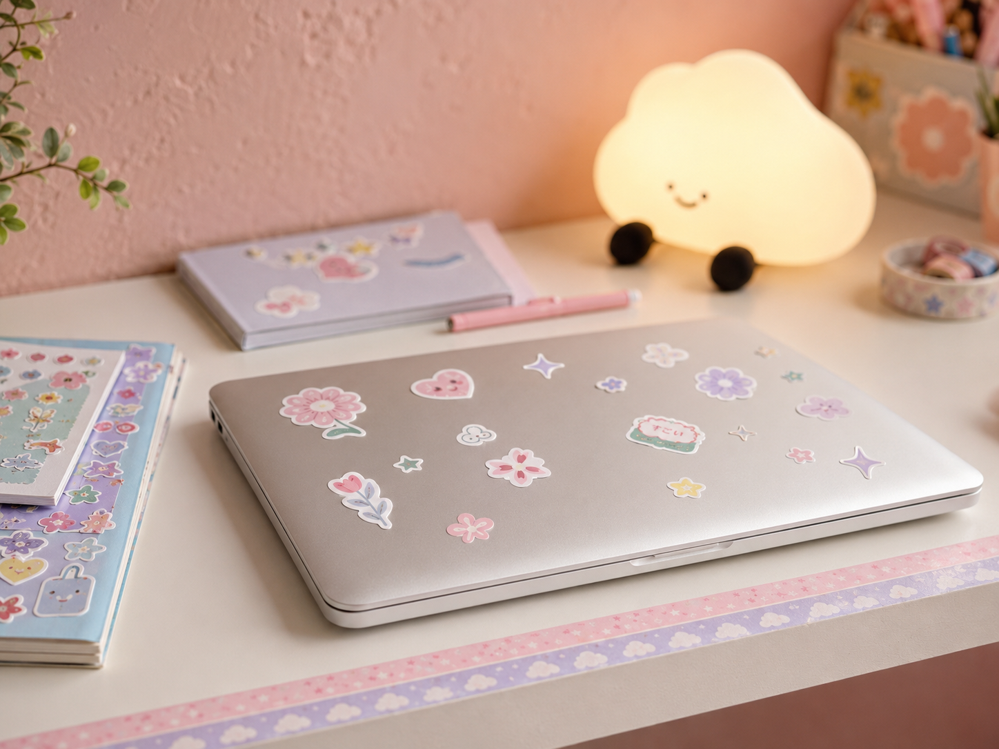 A kawaii desk featuring a sticker-decorated laptop with washi tape along the desk edge showing the personalization layer of the aesthetic