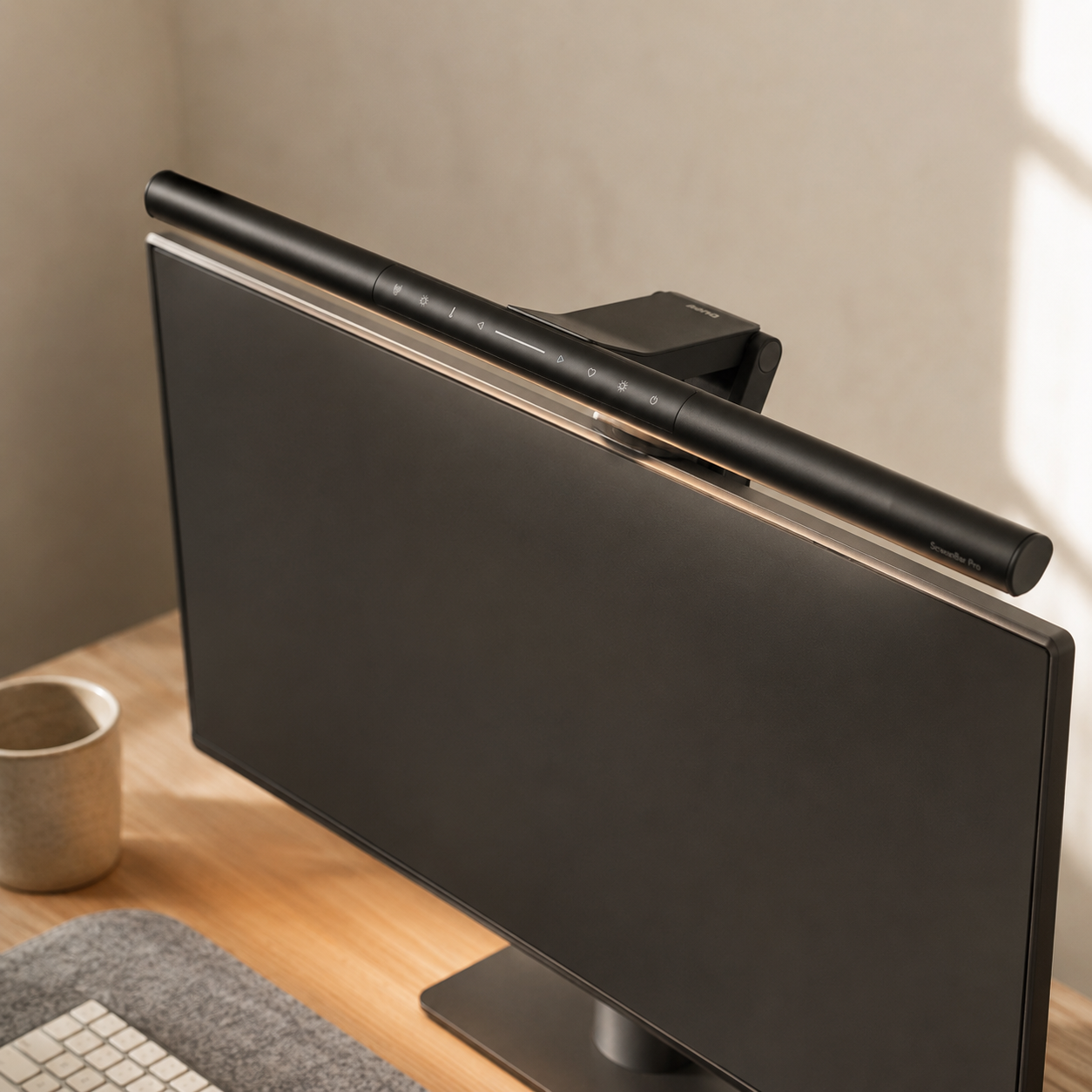 BenQ ScreenBar Pro LED monitor light bar clamped to the top of a 27-inch monitor casting a warm pool of light onto the desk surface