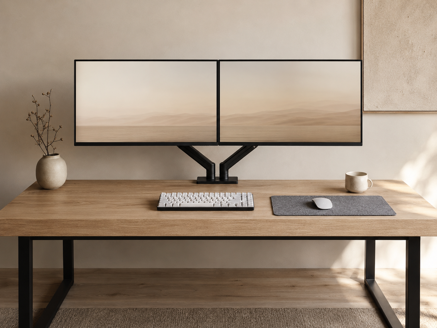 A minimalist dual monitor desk setup with two matched 27-inch monitors mounted symmetrically on a single arm on a white oak desk