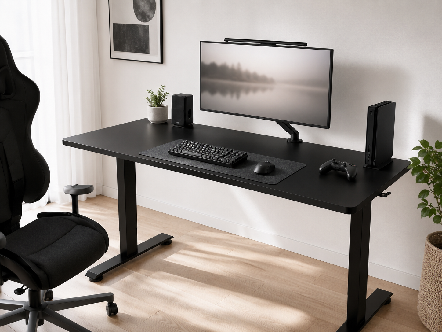 A minimalist gaming desk setup in a monochrome white, black, and oak palette with a single monitor and clean surface in a bright airy room