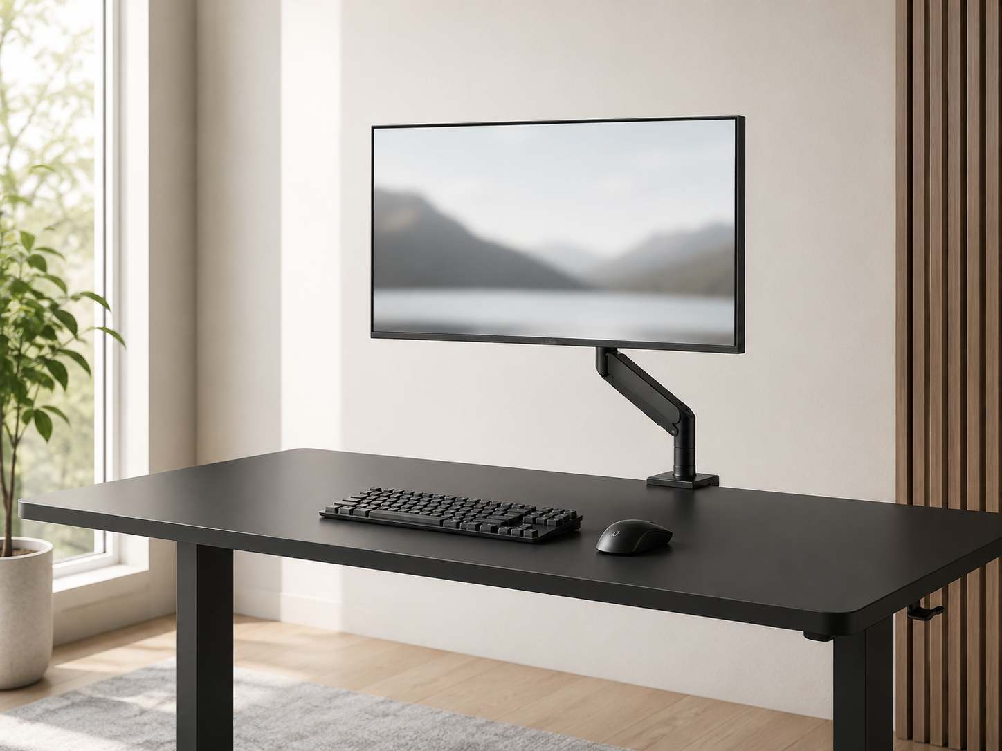 A single clean monitor on a slim arm floating above a completely clear minimalist gaming desk surface