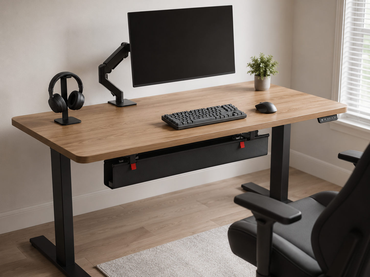 A minimalist gaming desk with total cable discipline, all wires hidden and the surface immaculately clean