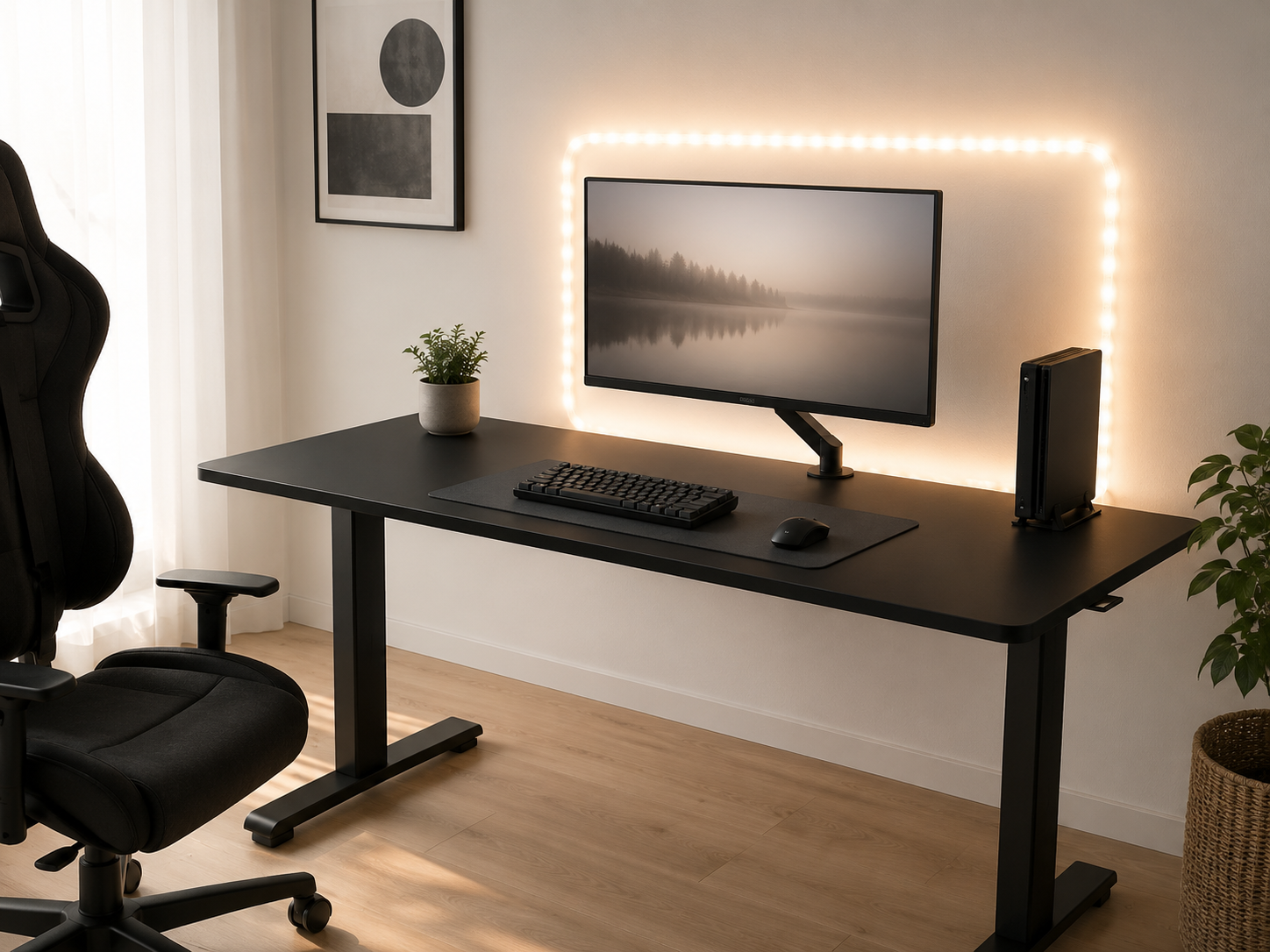 A minimalist gaming desk with a single subtle warm-white bias light behind the monitor, no colored RGB