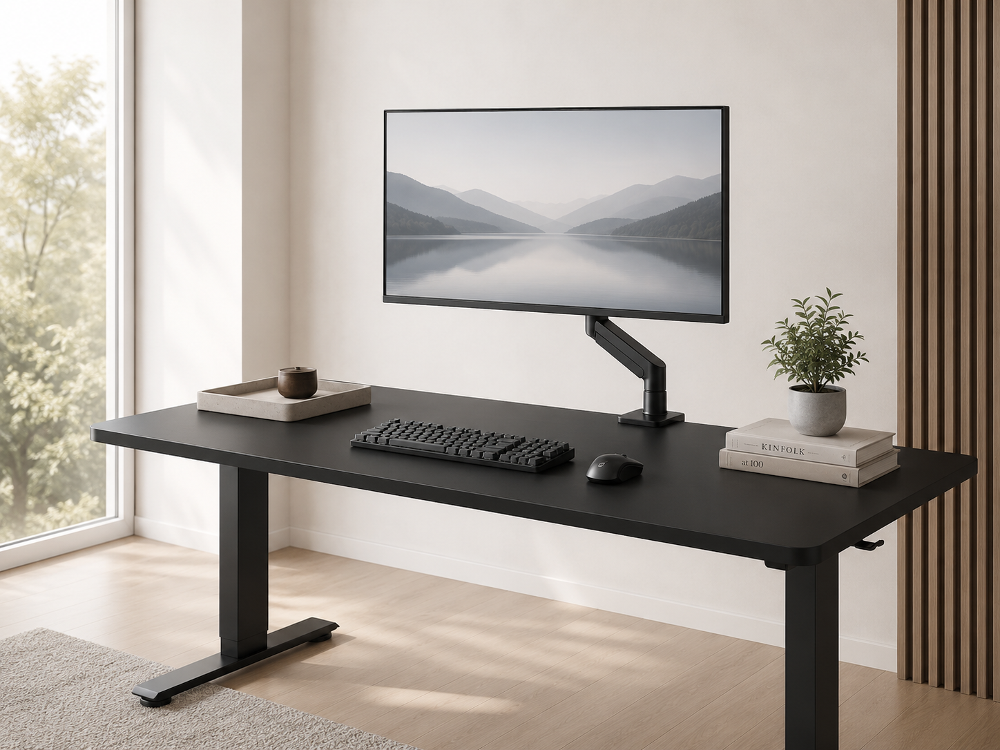 A minimalist gaming desk styled with negative space, a single plant, and one or two restrained objects in a gallery-clean room