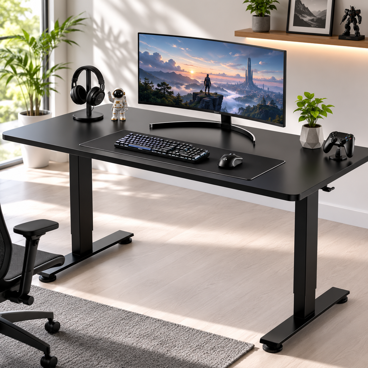 Veken 55 inch electric standing gaming desk with a clean flat surface