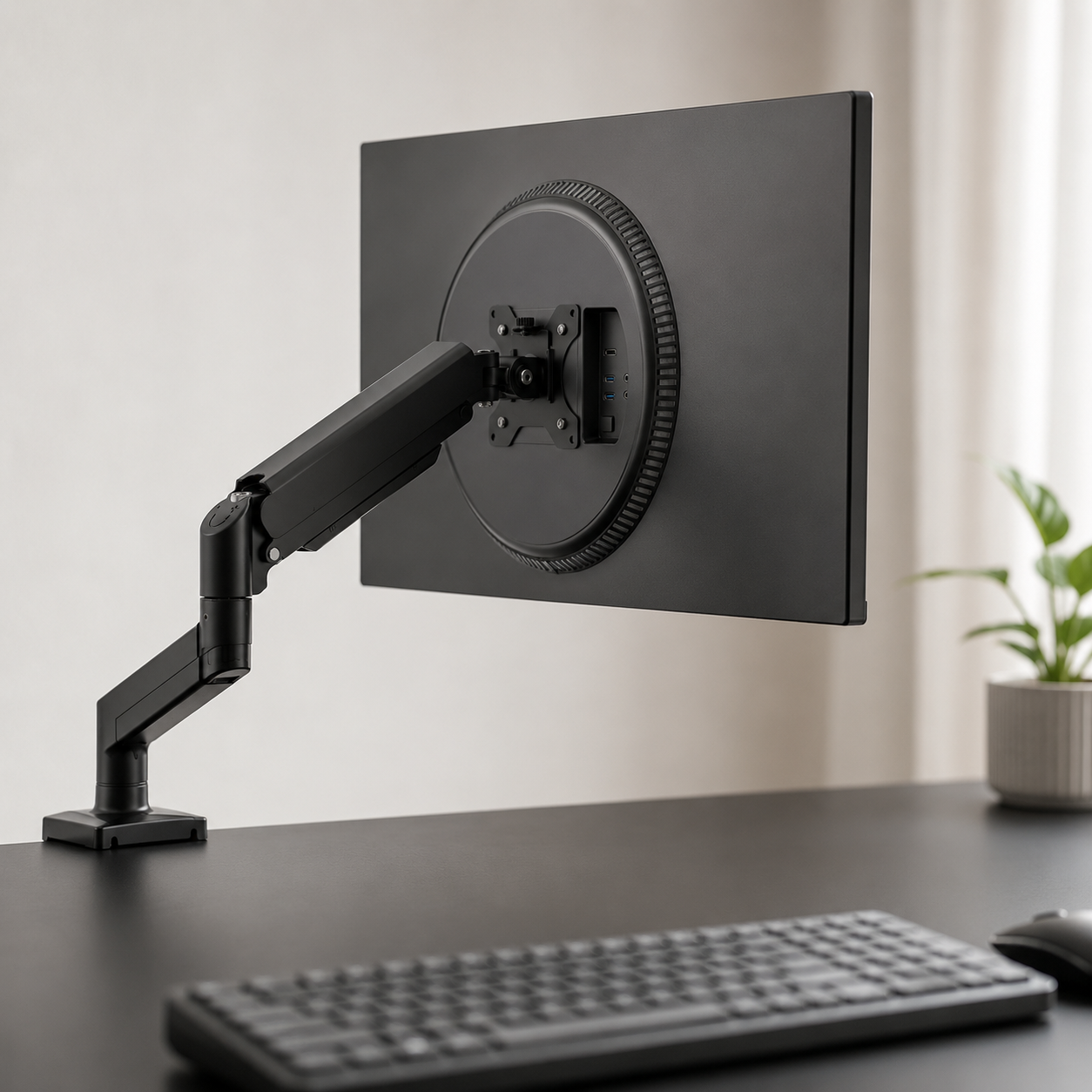 WALI single monitor arm holding a monitor off a clean minimalist desk surface
