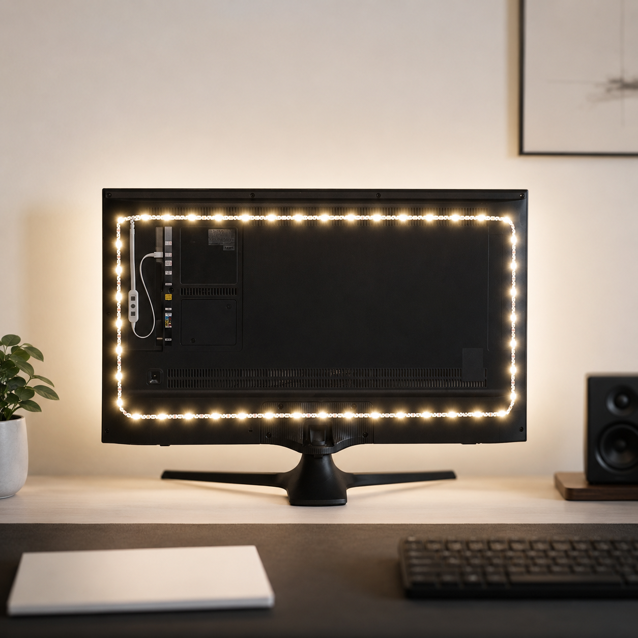 Luminoodle USB bias lighting strip mounted behind a monitor casting a soft glow