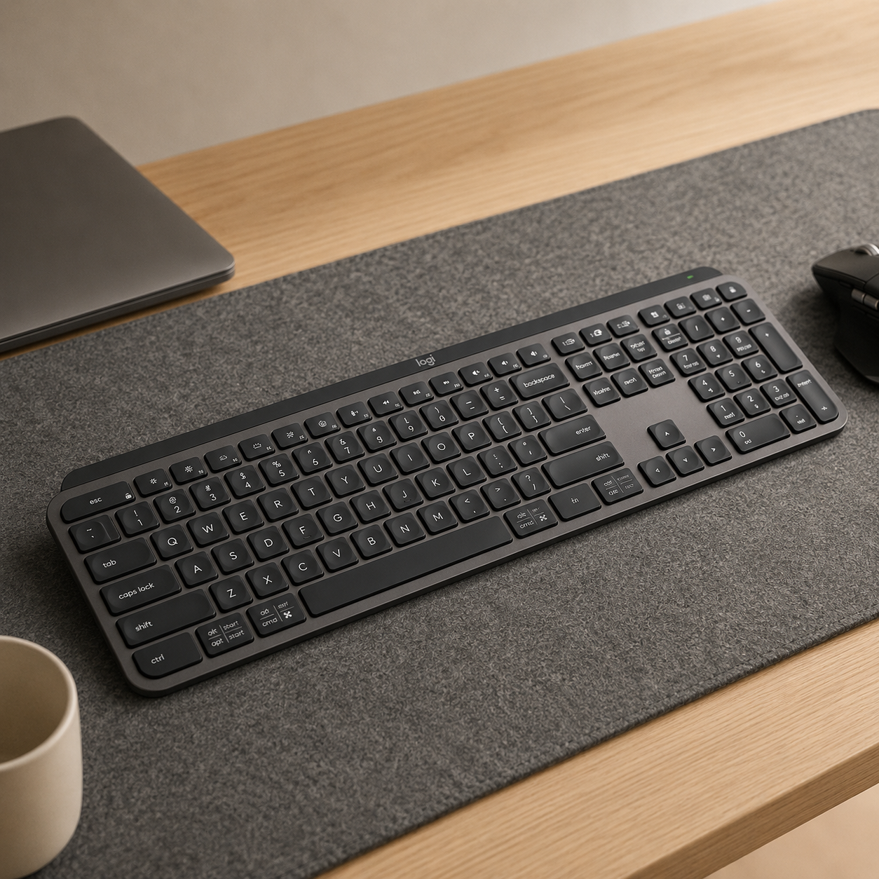 Logitech MX Keys keyboard in graphite with low-profile keys on a wool felt mat on a white oak desk