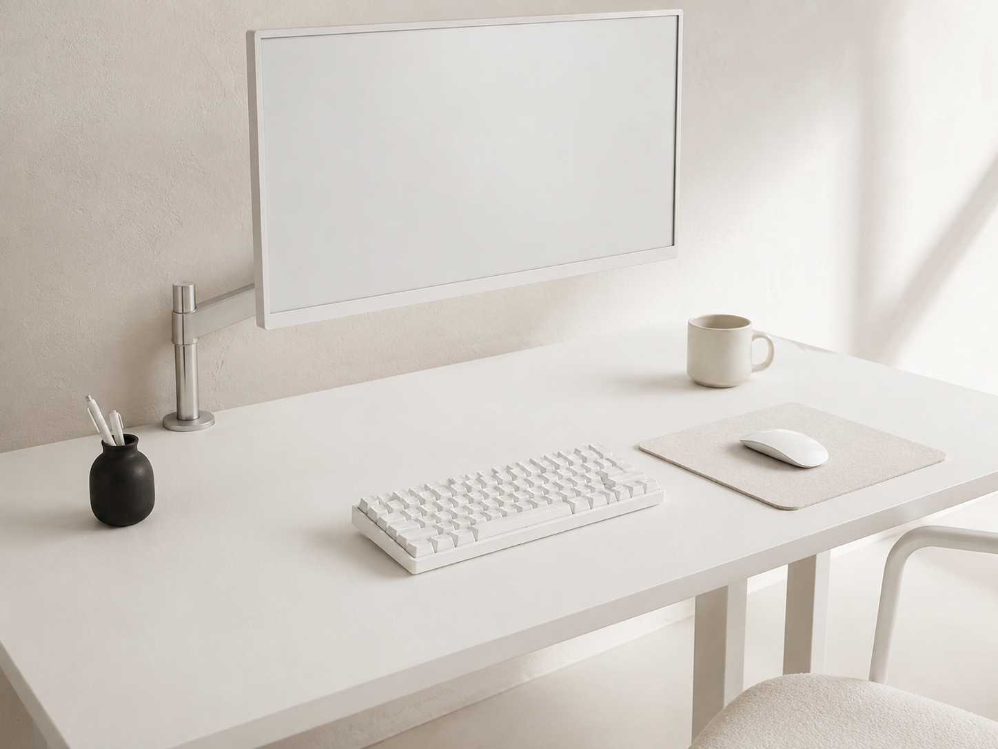 A monochrome minimalist desk setup in all white with a white monitor, white keyboard, and a single small black accent object