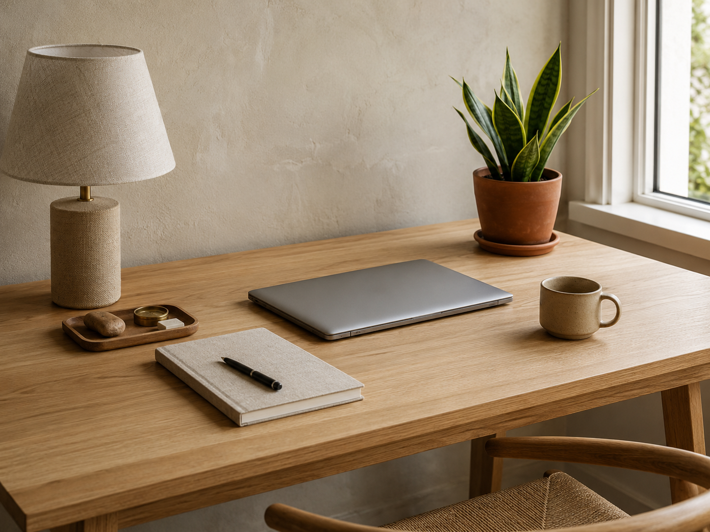 A natural Scandinavian minimalist desk setup with a light oak desk, snake plant in a terracotta planter, and soft natural daylight from a window