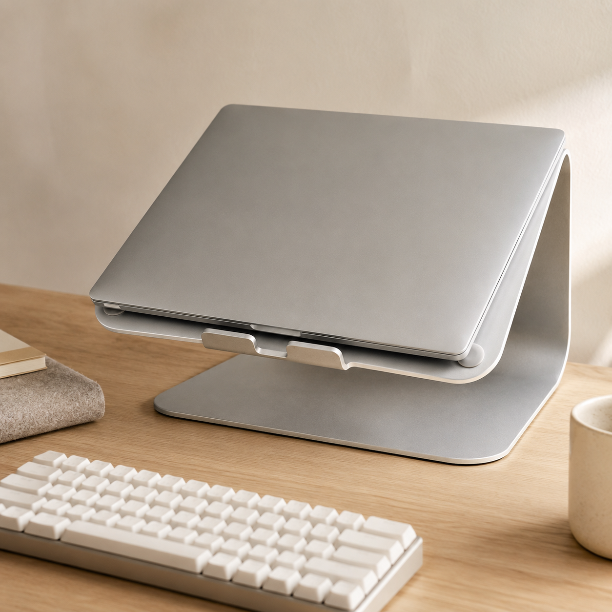 Rain Design mStand laptop stand in cast aluminum holding a closed MacBook Pro with a wireless keyboard at desk level in front