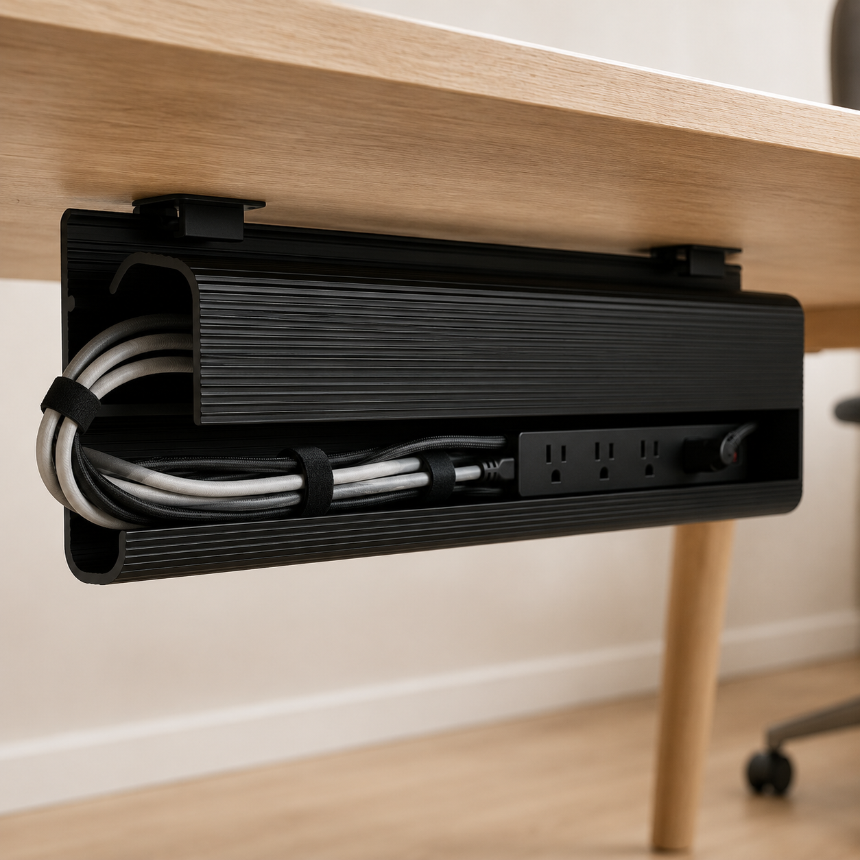 Under-desk J channel cable tray mounted to the underside of a wood desk holding organized cables and a power strip
