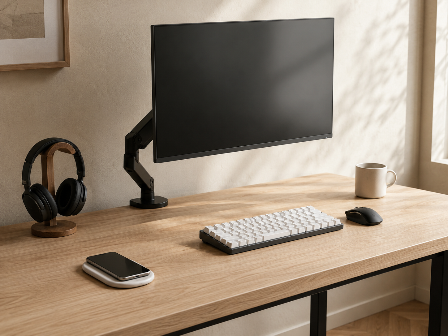 A wireless minimalist desk setup with no visible cables, featuring a clean monitor on an arm, wireless keyboard, wireless charging pad, and wireless headphones